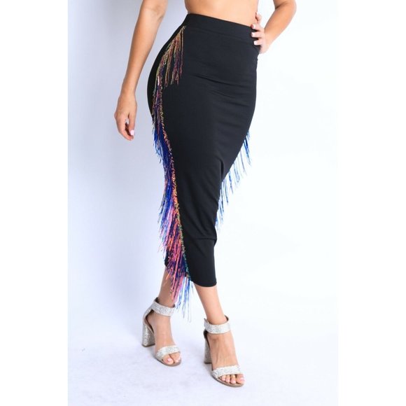 Boutique Dresses & Skirts - Womens Elastic High Waist Stretch Bodycon Sequins Fringe Maxi Pencil Party Skirt